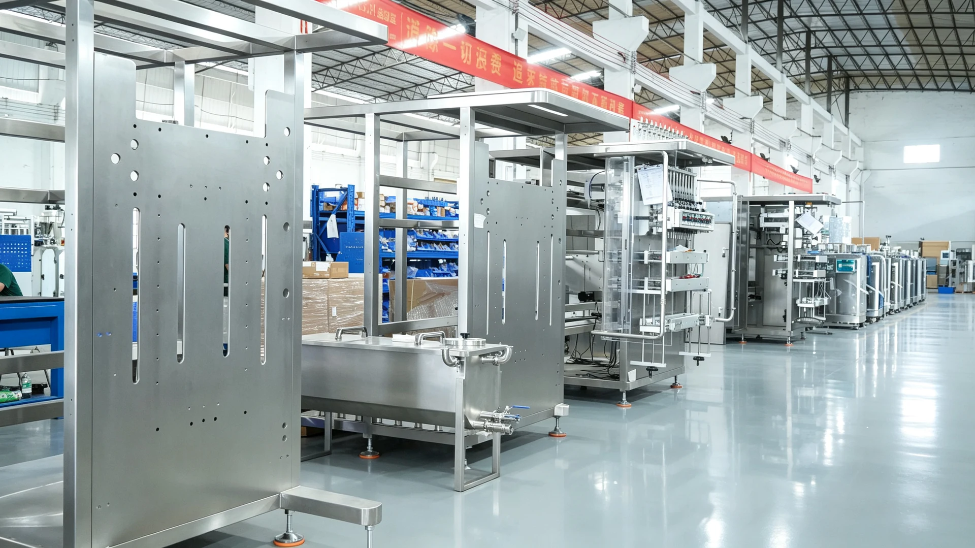 Rows of packaging-machine frames and equipment at different assembly stages in a workshop