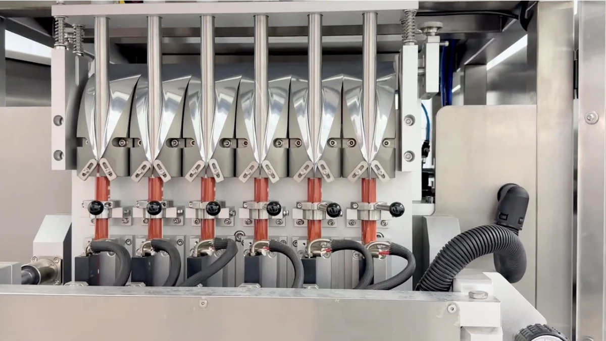 Six film-forming assemblies and back-seal stick-pack lanes on the granule machine