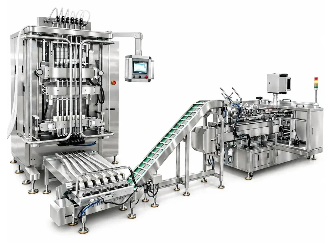 An arrangement of primary packaging, pack transfer and downstream equipment