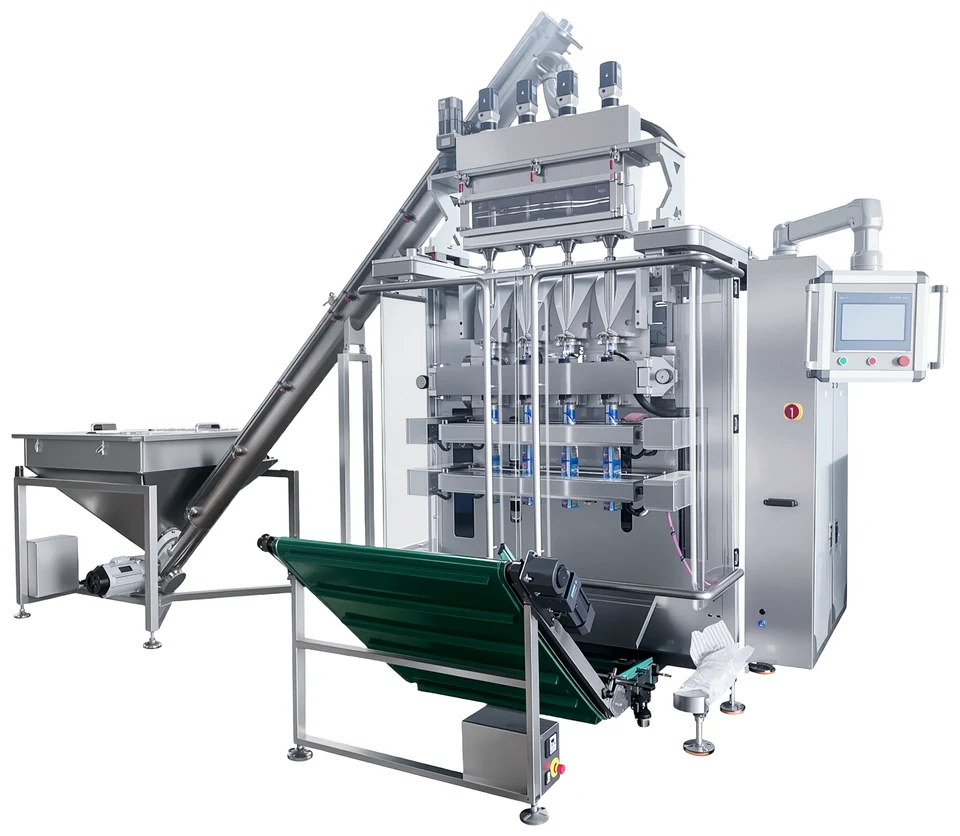 Complete powder stick-pack equipment with the feed hopper, inclined feed tube, machine, right-hand control screen and discharge conveyor